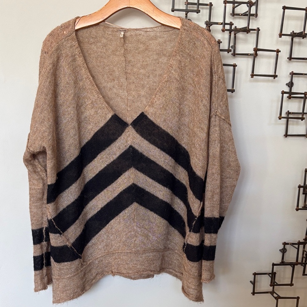 Free People Tan and Black V-Neck Sweater